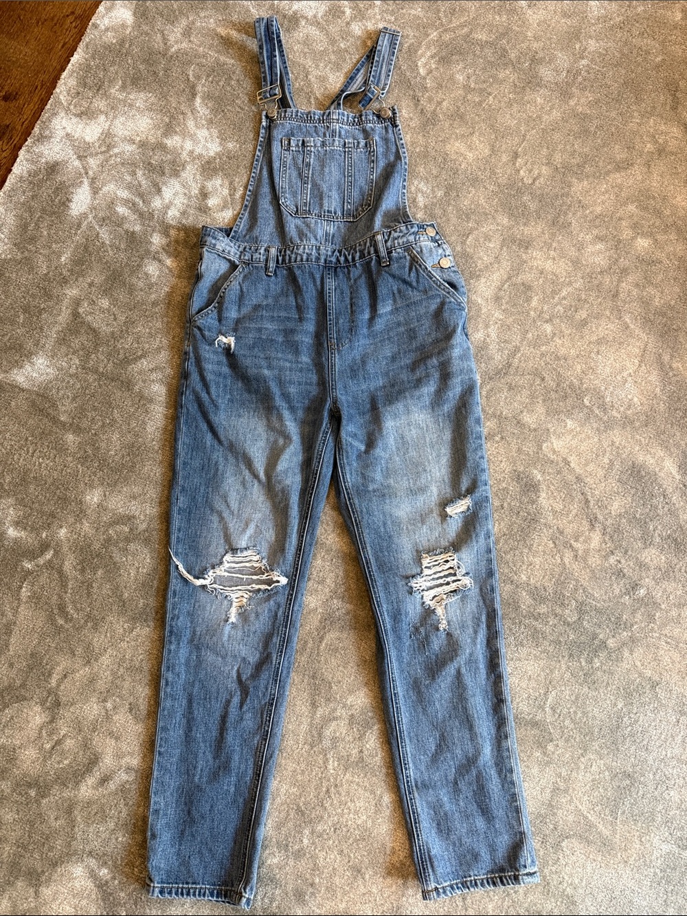 Women's Risen Distressed Blue Denim Overalls